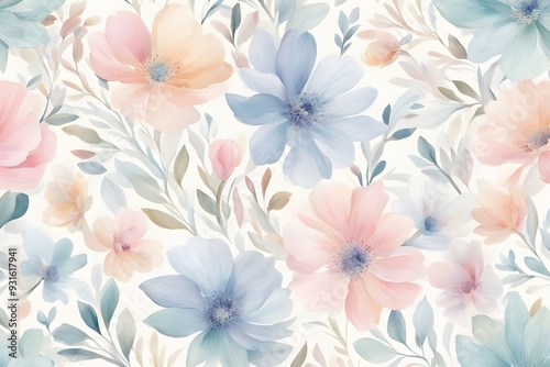 A soft floral pattern in pastel colors with a watercolor effect, Ai Generated