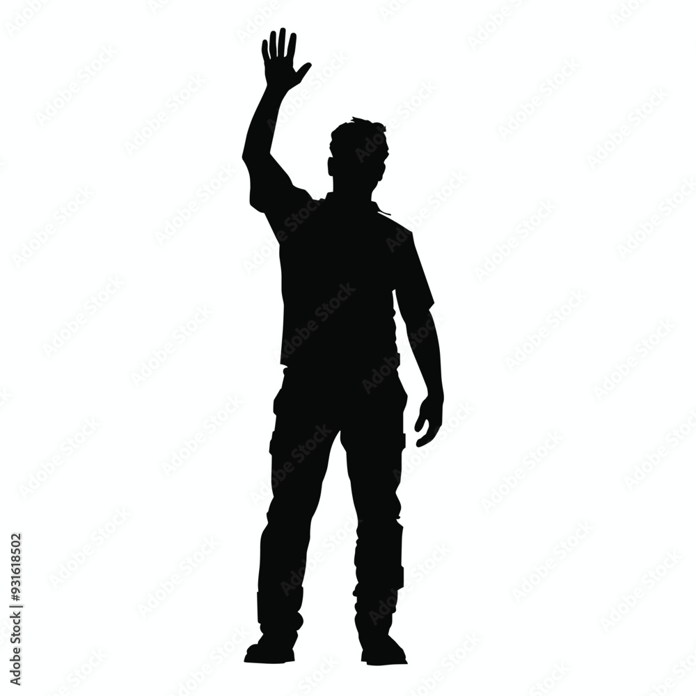 Silhouette of a man raising his hand in a gesture, captured in a classic pose. Silhouette of a man raising his hand in a gesture, captured in a classic pose.