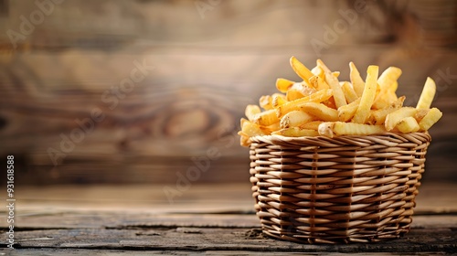 A serving of hot, freshly cooked French fries in a classic red and white striped container, ready to be enjoyed photo