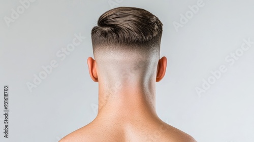 Closeup of the back of a Boosie fade haircut, displaying the smooth gradient from skin to hair, with a clean neckline, white background  photo