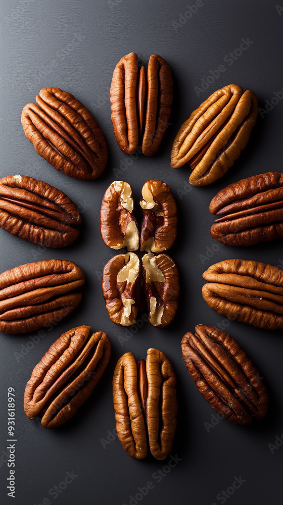 fresh Pecans arranged in symmetric circles on dark surface fresh Pecans arranged in symmetric circles on dark surface