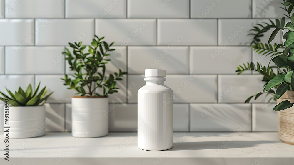 A white bottle sits on a white counter top, with plants in white pots on either side. A white bottle sits on a white counter top, with plants in white pots on either side.
