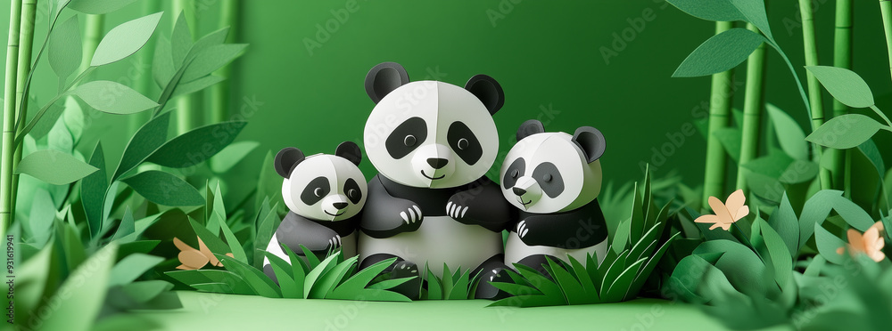 Panda and paper panda family in the forest save earth concept Panda and paper panda family in the forest save earth concept