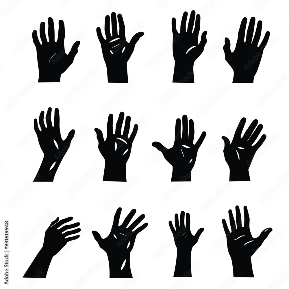 Obraz premium Silhouettes of diverse hands in various gestures and positions on a white background.