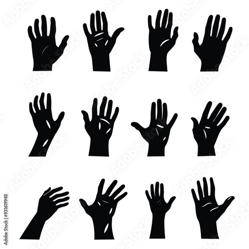 Silhouettes of diverse hands in various gestures and positions on a white background.
