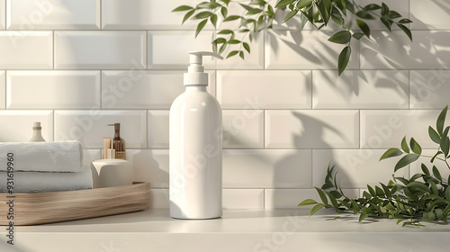 A white pump bottle of soap sits on a white tiled counter with green plants in the background.