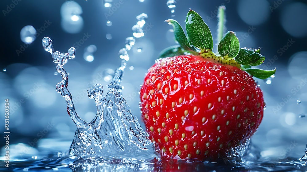 A single, ripe strawberry splashes into a pool of water, creating a burst of droplets. A single, ripe strawberry splashes into a pool of water, creating a burst of droplets.