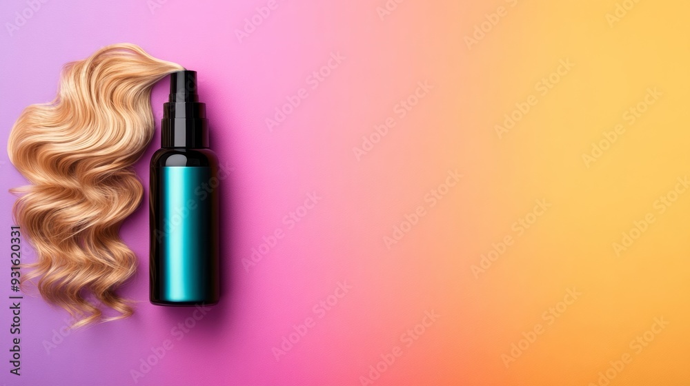 Isolated image of a bottle of curl-enhancing spray next to a section of wavy hair, showing before and after effects, on a gradient background Isolated image of a bottle of curl-enhancing spray next to a section of wavy hair, showing before and after effects, on a gradient background