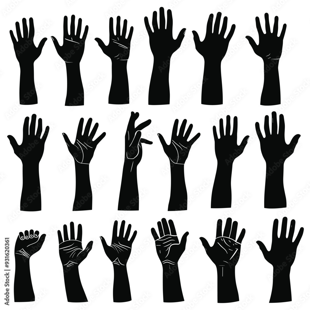 Fototapeta premium Silhouette illustrations of various male and female hand gestures on a white background.