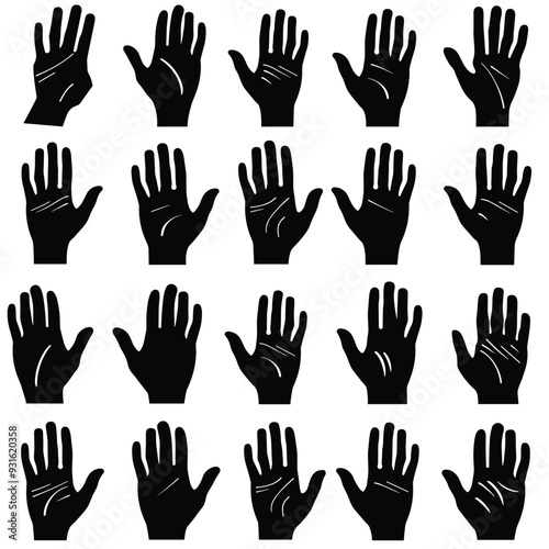 Silhouettes of various hands and palm lines against a white background.