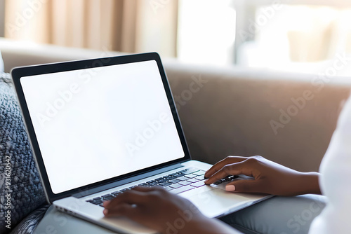 A woman sitting on the sofa at home, using a laptop with a blank screen for online work or study. This serves as a mock-up banner template.