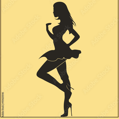 Silhouette of a woman in a dress and high heels striking a confident pose on a yellow background.