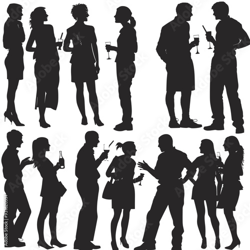 Silhouette of a diverse group of men and women at a social gathering holding drinks.