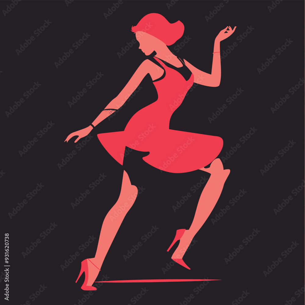Silhouette of a woman in a red dress dancing gracefully against a black background. Silhouette of a woman in a red dress dancing gracefully against a black background.