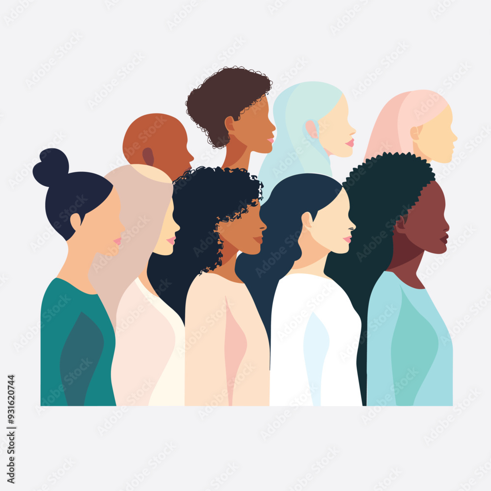 Diverse group of women of different ethnicities, side view, in a simple vector illustration style. Diverse group of women of different ethnicities, side view, in a simple vector illustration style.