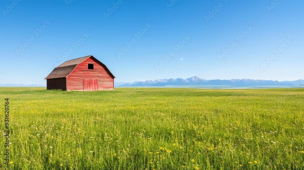 Old wooden barn with peeling red paint surrounded by tall grass and wildflowers in a quiet ranch setting clear blue sky and distant mountains Old wooden barn with peeling red paint surrounded by tall grass and wildflowers in a quiet ranch setting clear blue sky and distant mountains