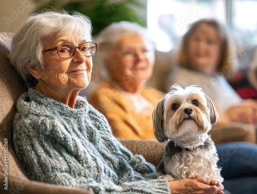 A woman with a dog is sitting on a couch at the nursing home