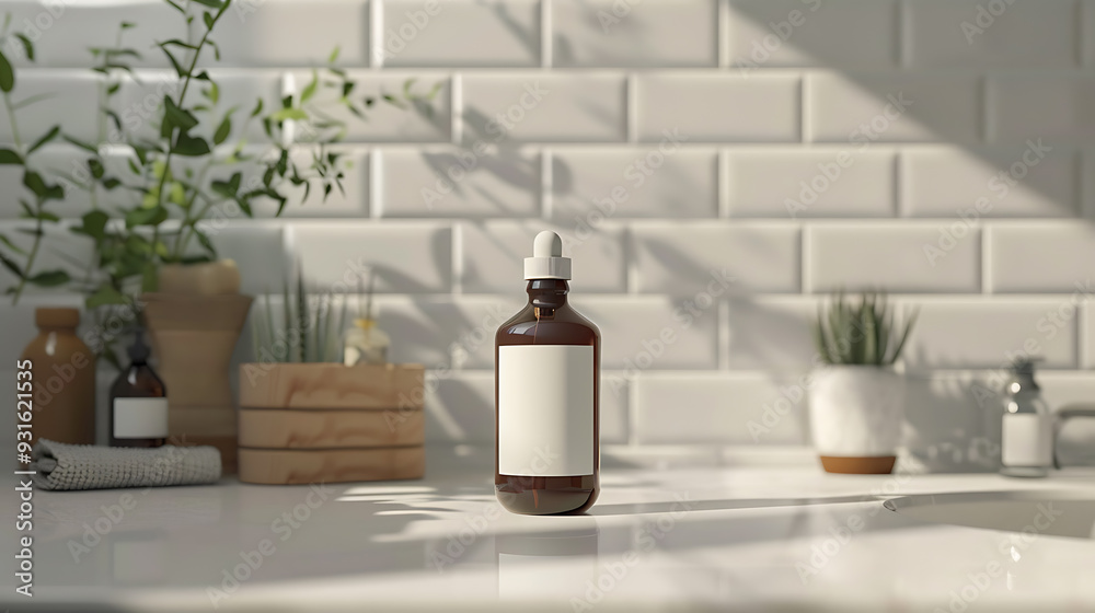 A dropper bottle with a white label sits on a white countertop, bathed in sunlight, against a backdrop of white subway tiles and green plants. A dropper bottle with a white label sits on a white countertop, bathed in sunlight, against a backdrop of white subway tiles and green plants.