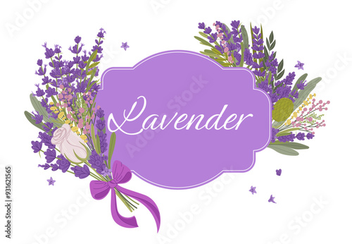Decorative frame with lavender flowers. Isolated vector elegant border or label with wildflower bouquets and lavender floral arrangement. Purple serene and calming decor for invitation, greeting card