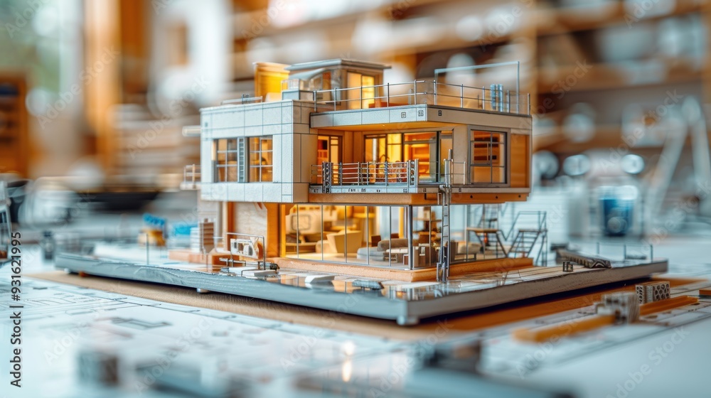 Intricate architectural model of a modern two-story building with illuminated interiors displayed on a table surrounded by various design tools and blueprints Intricate architectural model of a modern two-story building with illuminated interiors displayed on a table surrounded by various design tools and blueprints