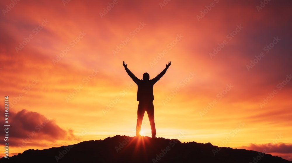 Silhouette of a person with raised arms, worshiping at sunrise on a hilltop, with a radiant sky in the background Silhouette of a person with raised arms, worshiping at sunrise on a hilltop, with a radiant sky in the background