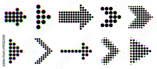 Collection of dotted arrow icons with a colorful glitch effect, showcasing different styles and directions. Vector illustration.
