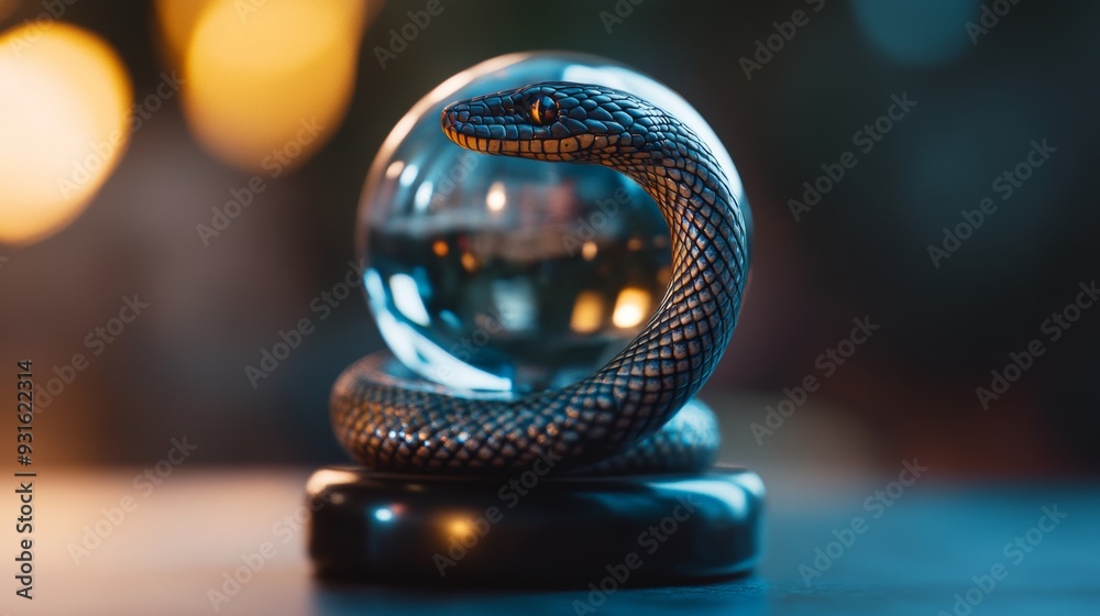 Snake symbol wrapped around a crystal ball, with each scale reflecting a different New Year’s prediction, ethereal and mystical design Snake symbol wrapped around a crystal ball, with each scale reflecting a different New Year’s prediction, ethereal and mystical design