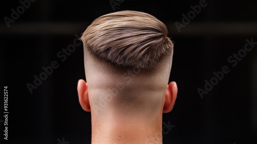 Top-down view of a Boosie fade haircut, showcasing the clean, even cut on top with a sharp fade on the sides, black background  photo