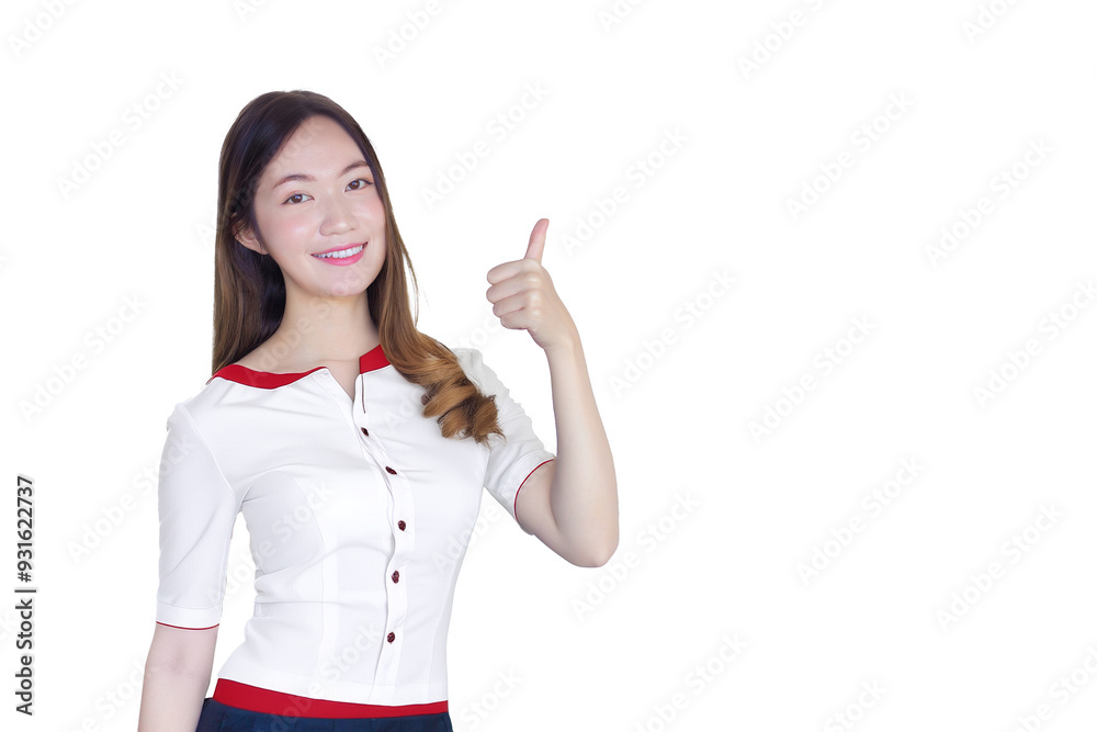 Young beautiful Asian woman is acting thumb up as a good symbol and another hand shows as presenting something on the background. Young beautiful Asian woman is acting thumb up as a good symbol and another hand shows as presenting something on the background.
