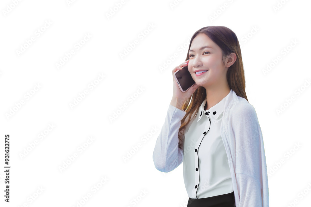 Young Asian business woman professional in white shirt is calling phone seriously to consult on work with team members while isolated white background. Young Asian business woman professional in white shirt is calling phone seriously to consult on work with team members while isolated white background.