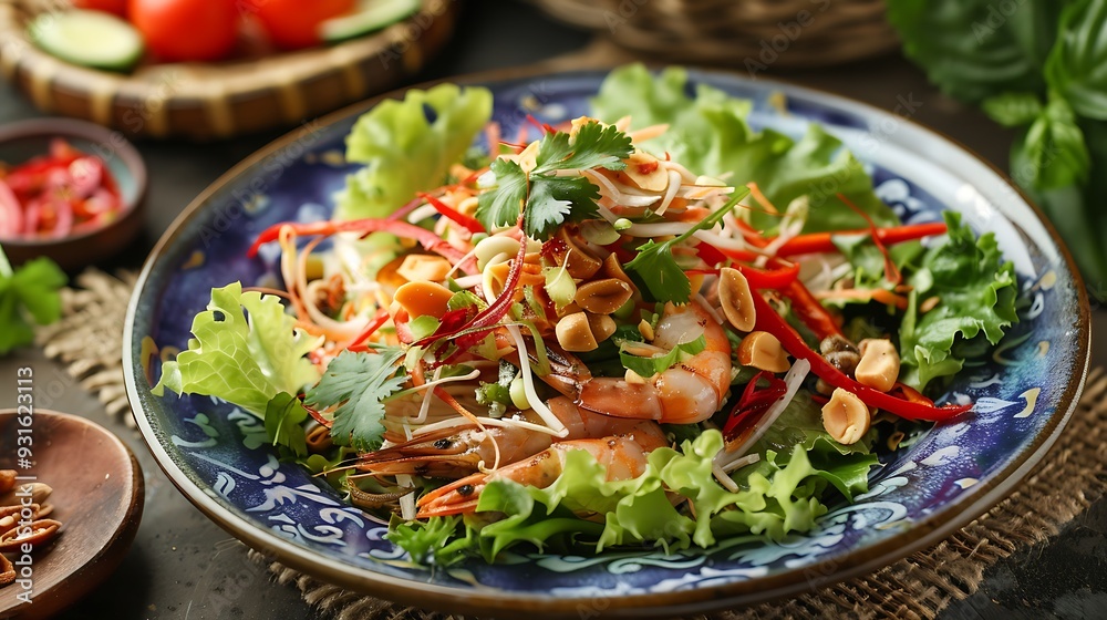 a mixed salad lathered with a thick savoury sauce of shrimp paste and smashed peanut a fruit and vegetable salad dish a mixed salad lathered with a thick savoury sauce of shrimp paste and smashed peanut a fruit and vegetable salad dish