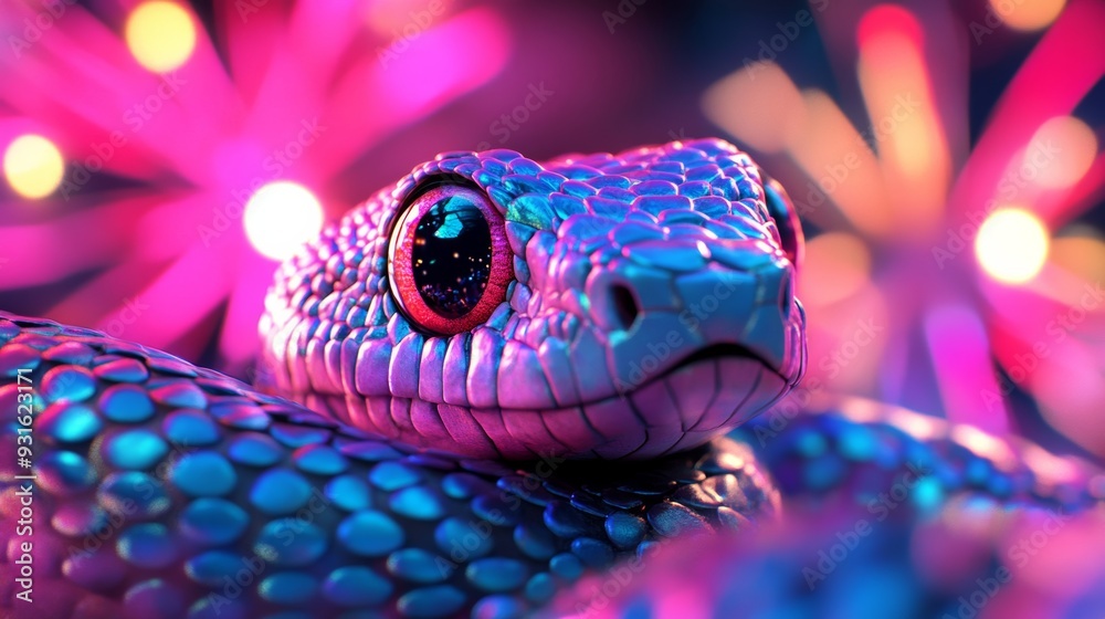 Vibrant New Year poster with a colorful snake surrounded by fireworks in neon tones bold graffiti-style font for an energetic urban feel Vibrant New Year poster with a colorful snake surrounded by fireworks in neon tones bold graffiti-style font for an energetic urban feel