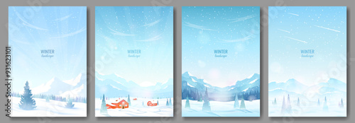Mountain winter landscapes. Country houses in the mountains, hills in snowdrifts, mountain peaks covered with snow. The concept of winter tourism, hiking, active winter recreation. Vector images.