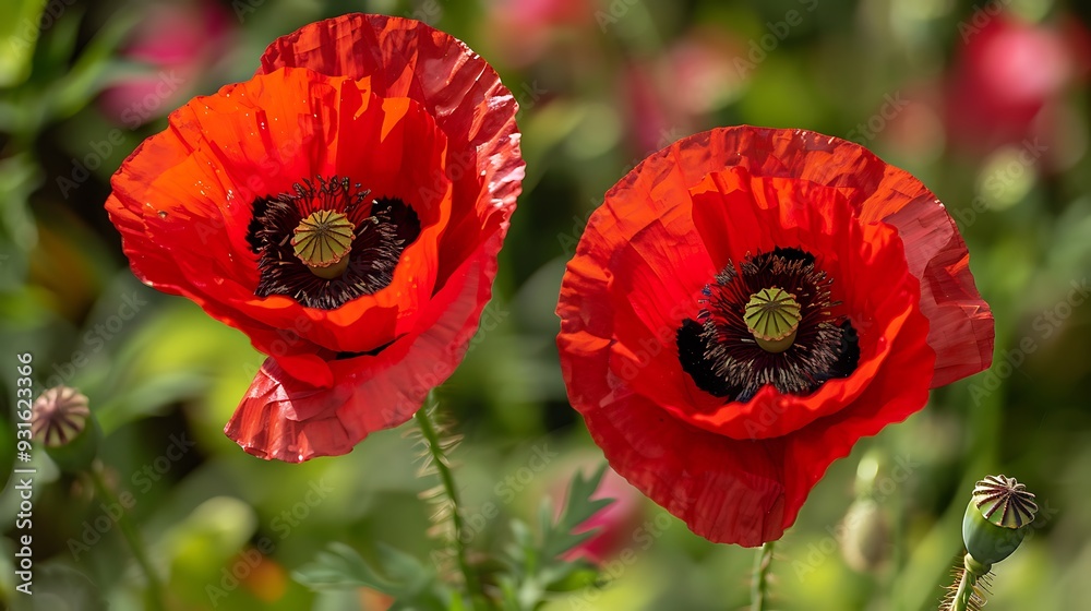 A pair of beautiful red poppy flowers in the wild A pair of beautiful red poppy flowers in the wild