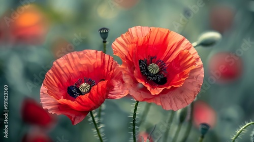 A pair of beautiful red poppy flowers in the wild
