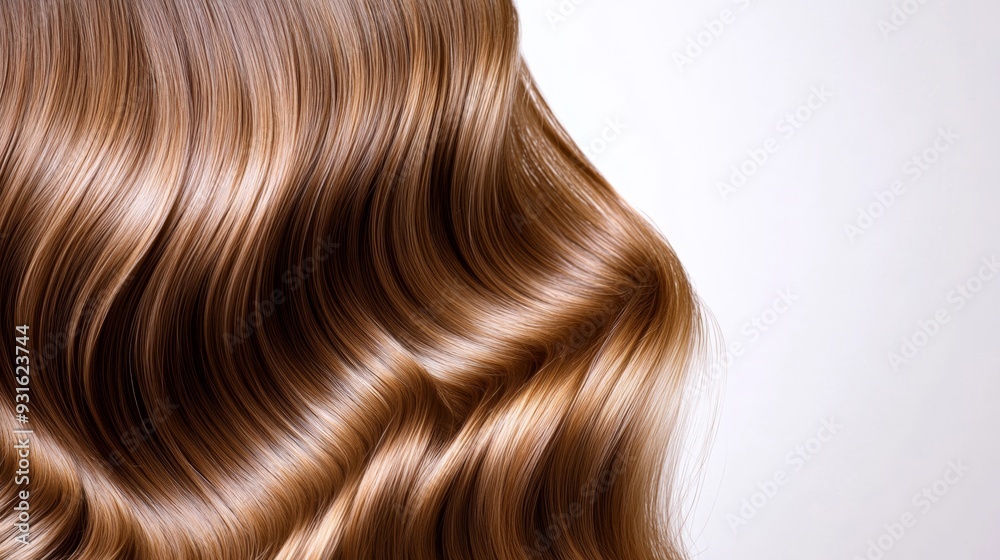 Wide-angle view of wavy hair being combed with a wide-tooth comb, focusing on the smooth, detangled waves, white background 