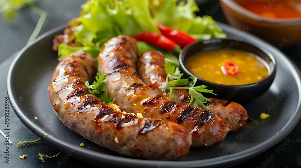 A plate of grilled sausages served with salad mustard and chili sauce A plate of grilled sausages served with salad mustard and chili sauce