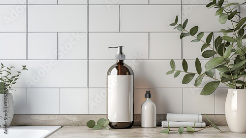 A dark amber bottle with a pump dispenser and a white label sits on a white tile countertop. A white bottle with a spray nozzle, a few white towels, and greenery are also in the scene.