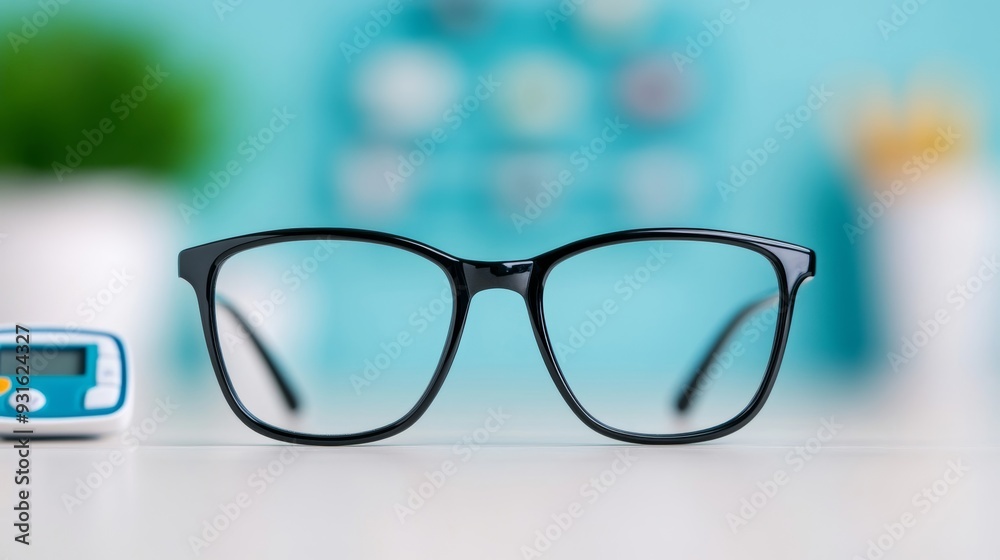 Blurry vision through eyeglasses with a glucose meter in the foreground representing diabetic retinopathy health issues sight problems awareness Blurry vision through eyeglasses with a glucose meter in the foreground representing diabetic retinopathy health issues sight problems awareness