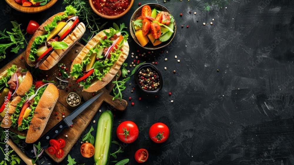 Fototapeta premium Fresh and Delicious Sandwiches with Vegetables on a Black Background