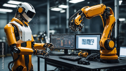 Engineer monitoring robot arm