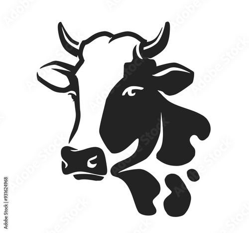 Cow head with horns logo. Dairy farm, milk emblem or symbol. Simple monochrome drawing vector illustration