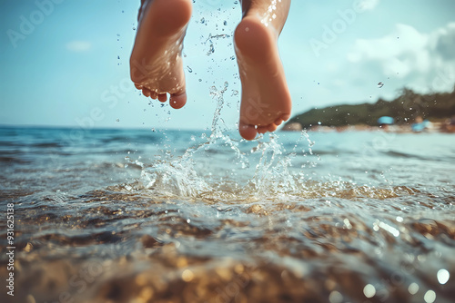 Close-up of feet jumping into water, a summer fun activity for kids.