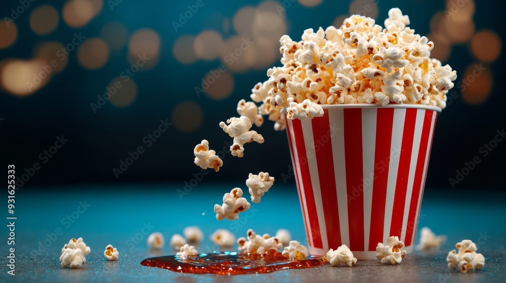 closeup of a popcorn bucket overflowing, with popcorn falling into a sticky soda puddle on a theater floor, dim lighting, muted colors 