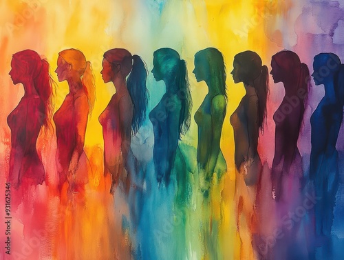 empowering female silhouettes watercolor figures blend in harmony vibrant hues represent diversity brushstrokes convey strength and unity