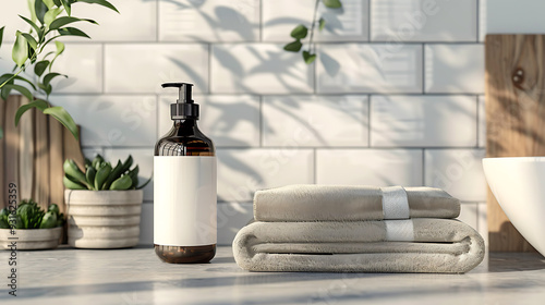 A glass bottle of hand soap with a white label sits next to a stack of fluffy towels, creating a clean and minimalist bathroom aesthetic.