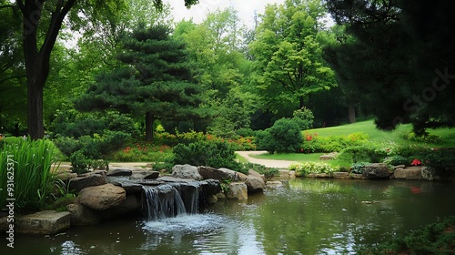 A tranquil pond with a waterfall cascading over rocks, surrounded by lush greenery and flowers in a peaceful garden setting.