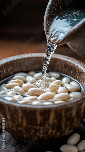 uncooked white beans in a wooden bowl with water photo