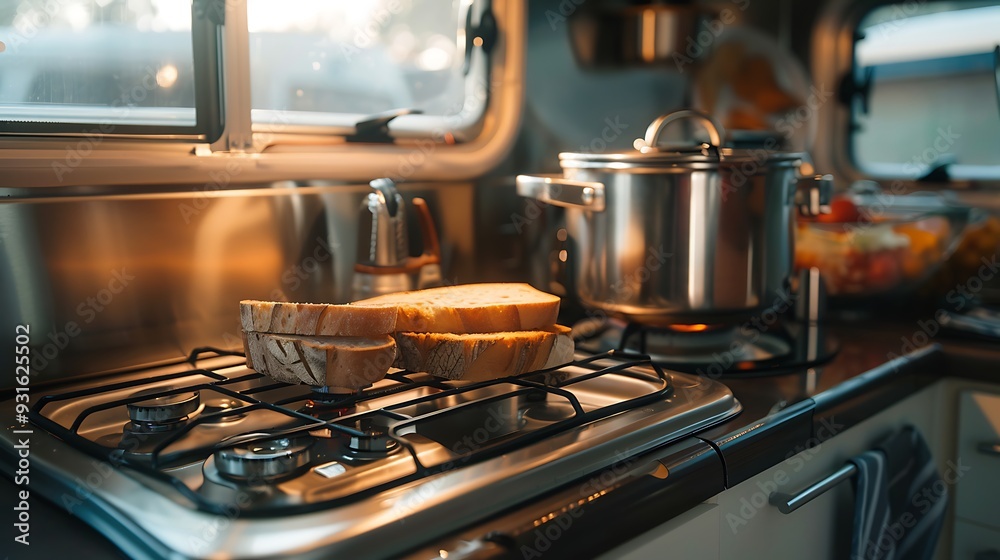 A stainless steel toaster with bread slices and a pot on a stove in a caravan kitchen emphasizing the functionality and convenience of cooking in a mobile home A stainless steel toaster with bread slices and a pot on a stove in a caravan kitchen emphasizing the functionality and convenience of cooking in a mobile home