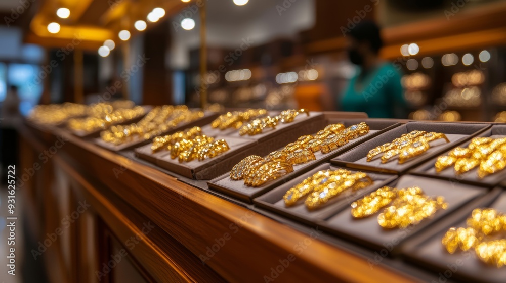 Crowded jewelry store with glittering displays of gold and silver items while festive shoppers inspect ornaments under warm lighting during Dhanteras Crowded jewelry store with glittering displays of gold and silver items while festive shoppers inspect ornaments under warm lighting during Dhanteras